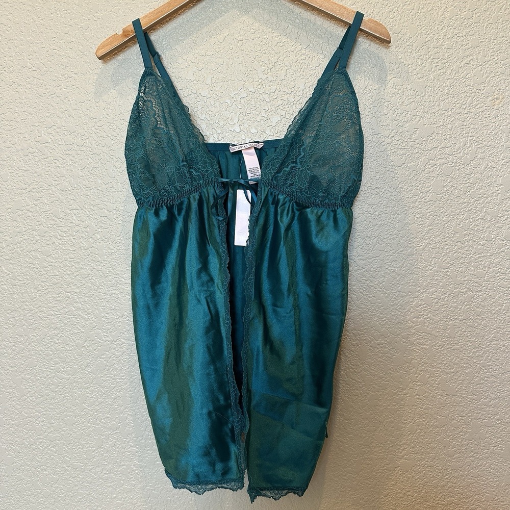 NWT Victorias Secret Babydoll Lingerie Emerald Green W/Lace Tie Front XXL